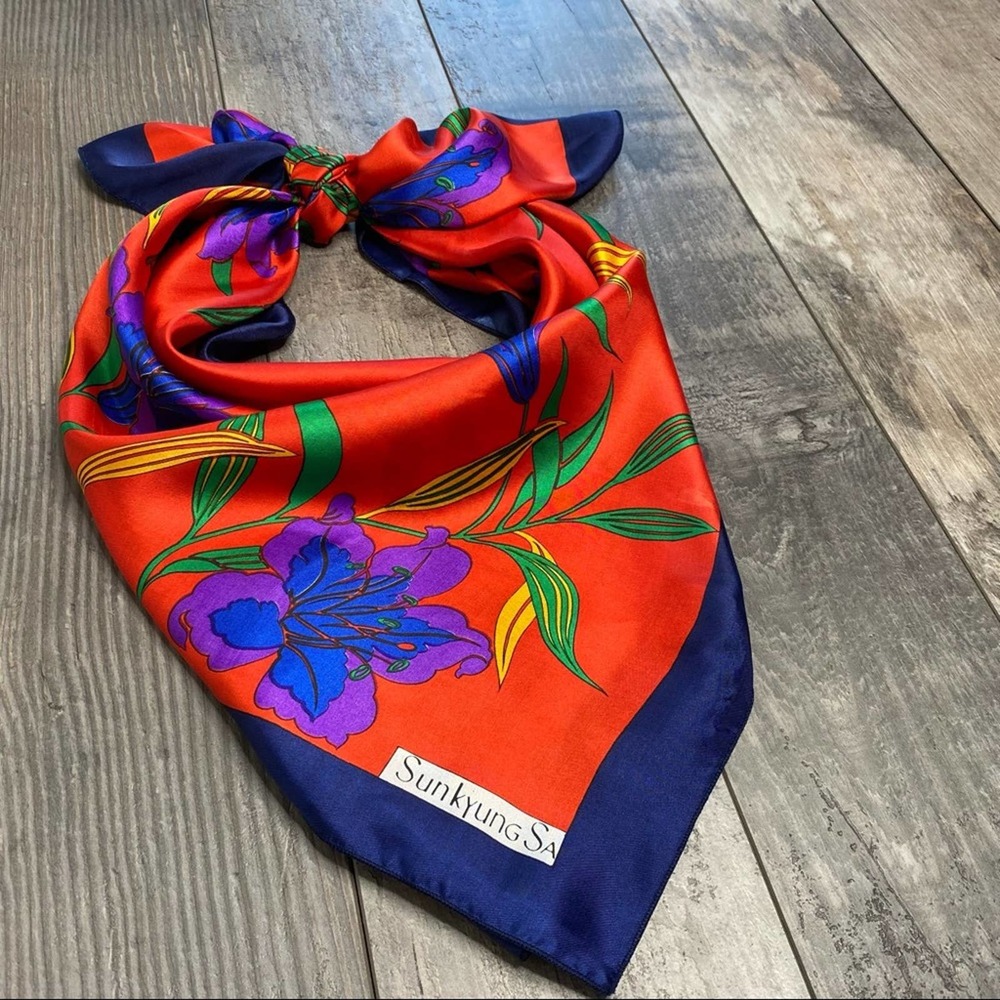 Red & Navy Floral Silk Scarf